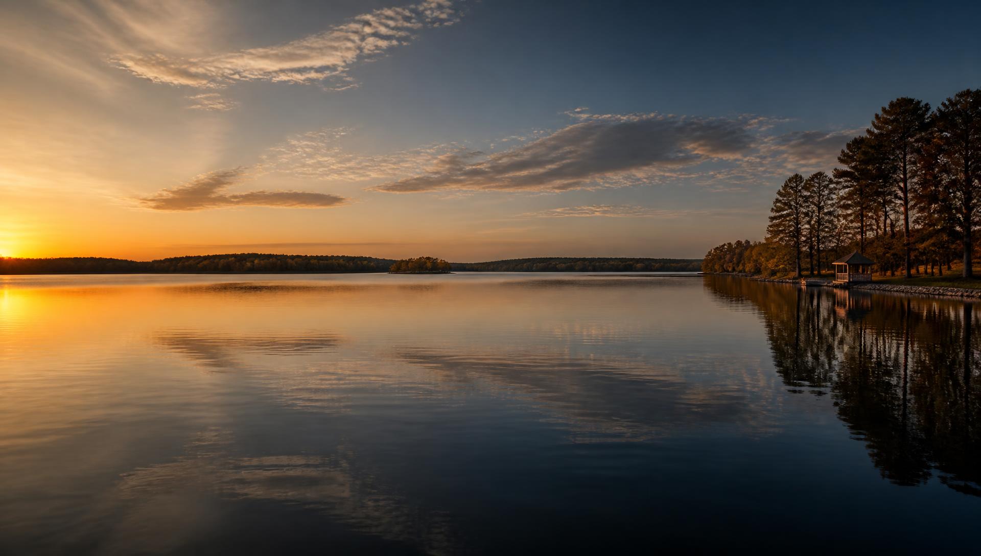 Golden-hour view across Lake Norman, North Carolina